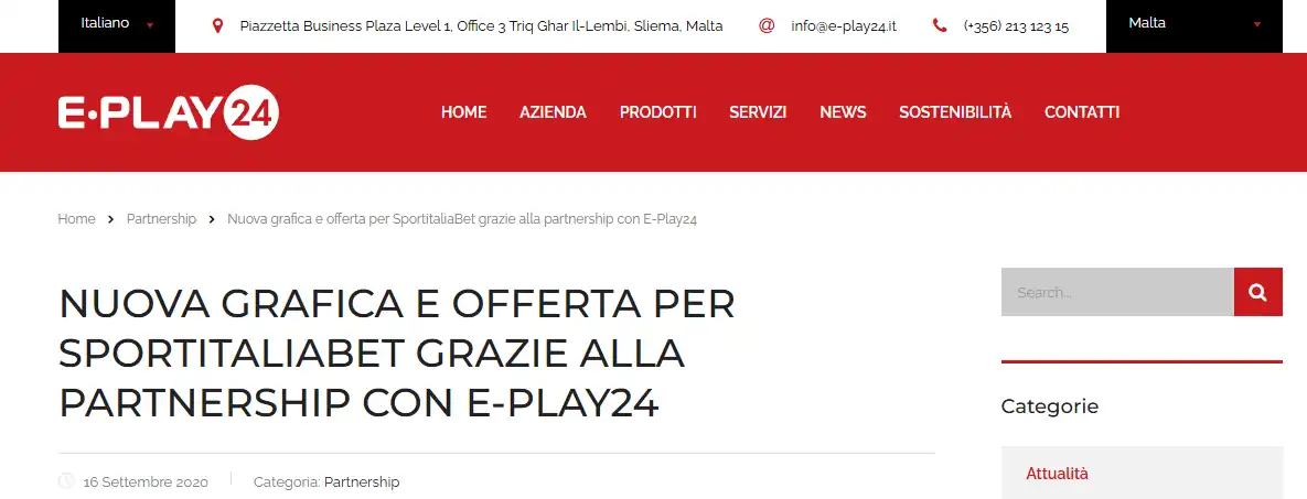 Articolo corporate E-Play24 del 2020 sulla partnership con SportitaliaBet