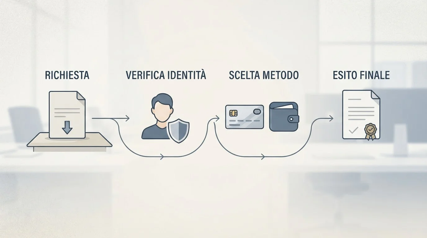 Diagramma di un prelievo storico con richiesta, verifica identità, metodo di pagamento ed esito senza importi o tempi